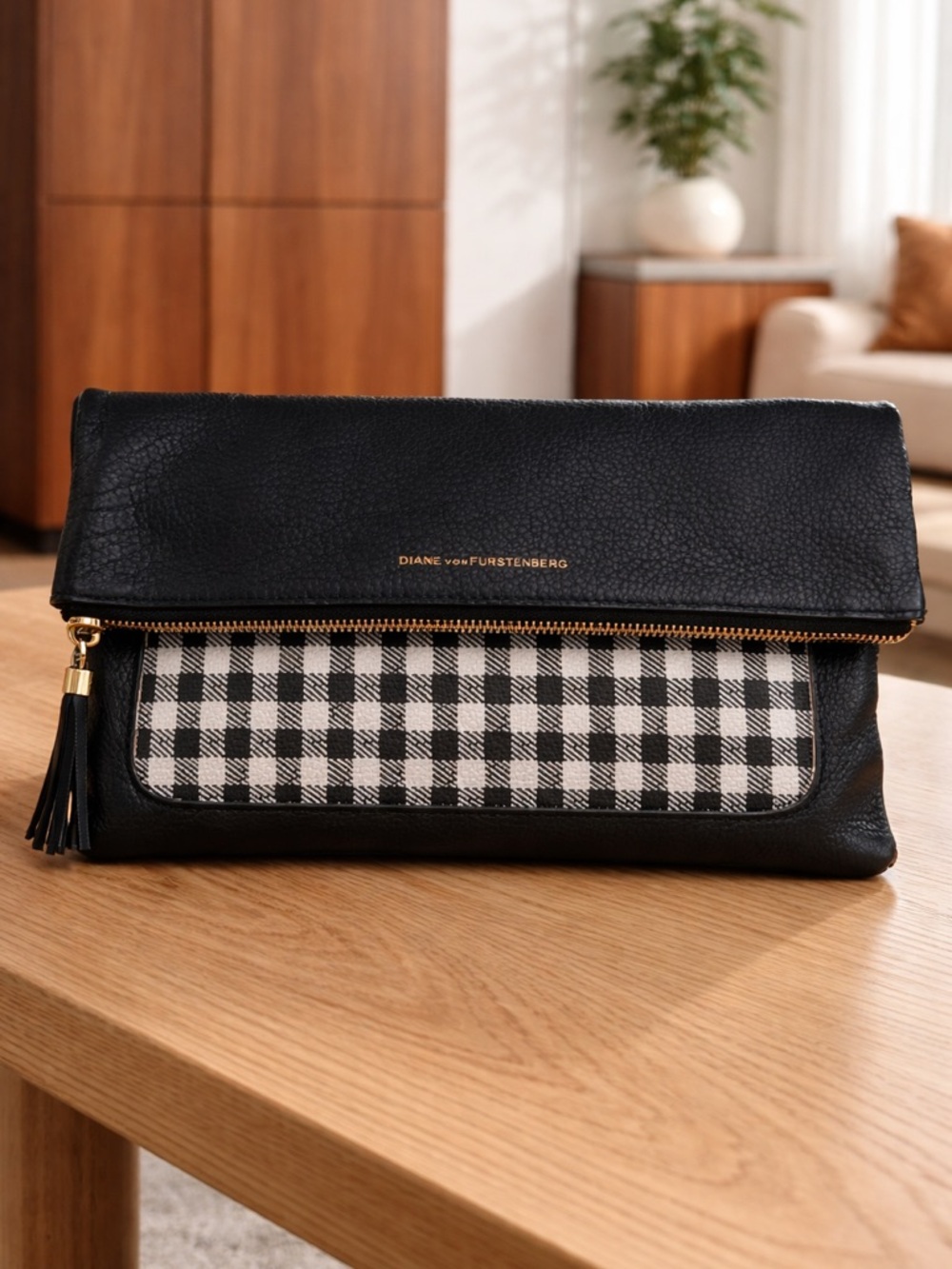 Diane von Furstenberg Black Leather Fold-Over Clutch with Gingham Panel